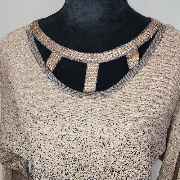Adrienne Vittadini Three Quarter Sleeve Sweater With Cage Neck and Rhinestones - Picture 3 of 11